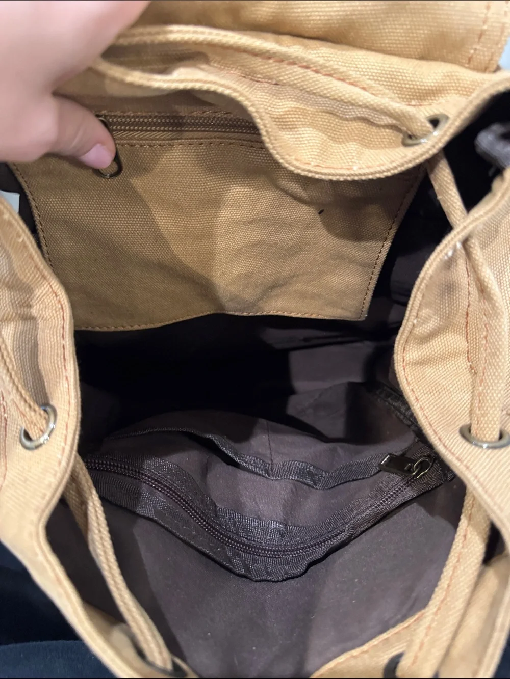 Canvas Drawstring Backpack with Brown Leather Straps - AMANGIR